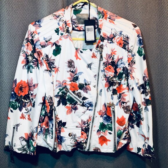 *NWT* [WOMEN L] GUESS ORSOLA Floral Faux Leather Moto Biker Bomber Jacket Coat - Picture 2 of 7
